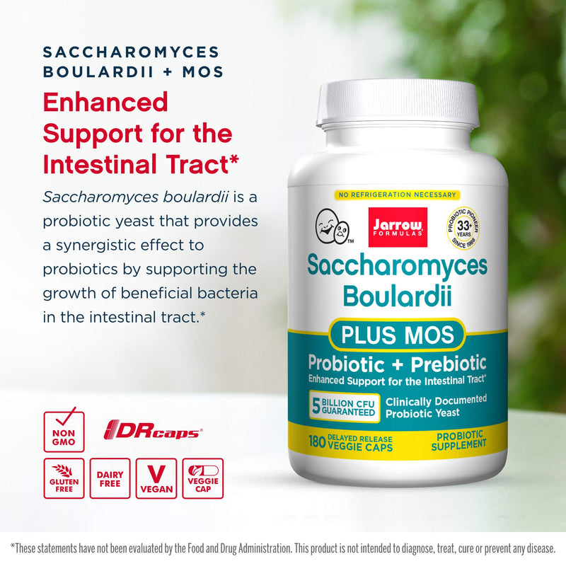 [Australia] - Jarrow Formulas Saccharomyces Boulardii + MOS - 5 Billion Viable Organisms Per Serving - 180 Delayed Release Veggie Caps - Probiotic + Prebiotic - Intestinal Tract Support - Up to 180 Servings 180 Count (Pack of 1) 