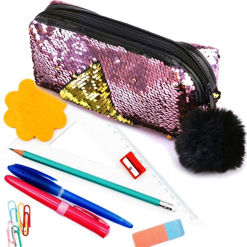 [Australia] - Glitter Cosmetic Bag Mermaid Spiral Reversible Sequins Portable Double Color Students Pencil Case for Girls Women Handbag Purse Make Up Pouch with Pompon Zip Closure(Gold+Pink) 