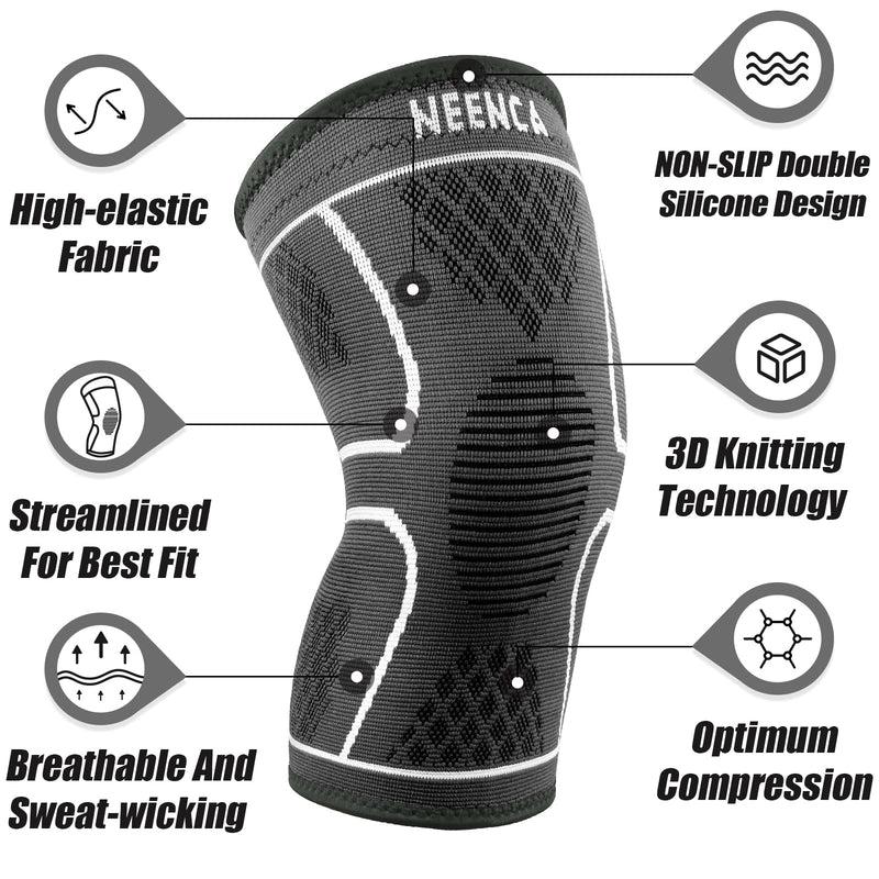 [Australia] - NEENCA 2 Pack Knee Brace, Knee Compression Sleeve Support for Knee Pain, Running, Work Out, Gym, Hiking, Arthritis, ACL, PCL, Joint Pain Relief, Meniscus Tear, Injury Recovery, Sports Large 2 Pack - Gray 