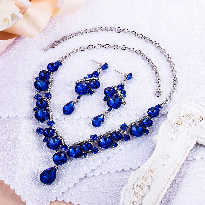 [Australia] - BriLove Women's Wedding Bridal Crystal Geometric Cluster Statement Necklace Dangle Earrings Set Royal Blue Silver-Tone 