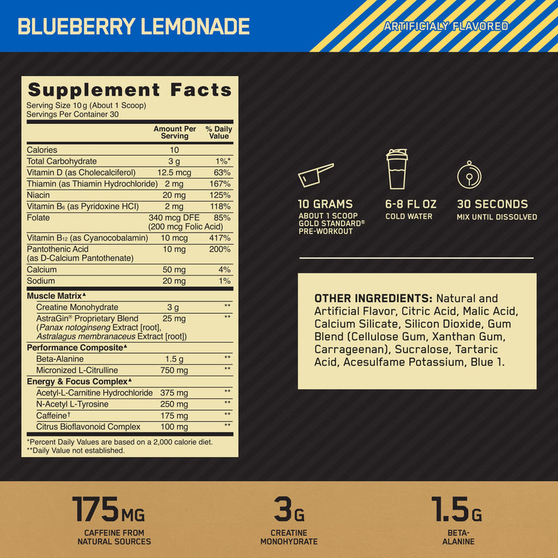 [Australia] - Optimum Nutrition Gold Standard Pre-Workout, Vitamin D for Immune Support, with Creatine, Beta-Alanine, and Caffeine for Energy, Keto Friendly, Blueberry Lemonade, 30 Servings (Packaging May Vary) 