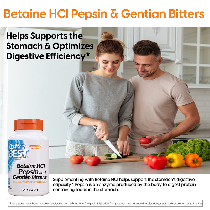 [Australia] - Doctor's Best Betaine HCI Pepsin & Gentian Bitters, Digestive Enzymes for Protein Breakdown & Absorption, Non-GMO, Gluten Free, 120 Caps, Original Version (DRB-00163) 