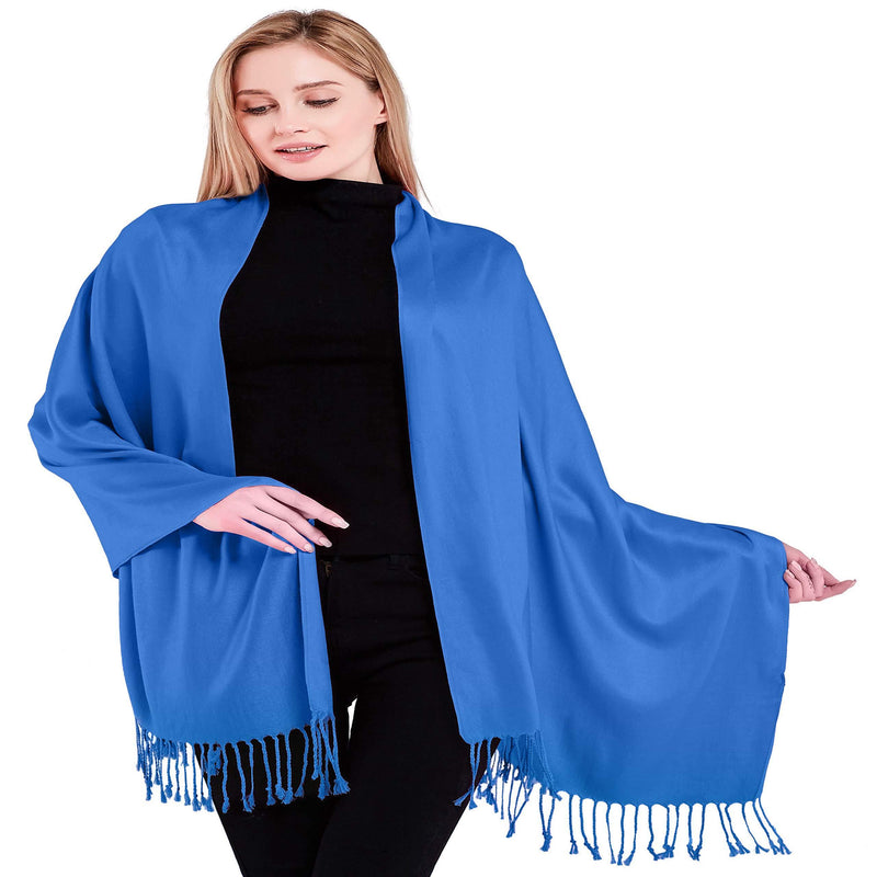 [Australia] - Solid Color Design Shawl Scarf Wrap Stole Throw Head Wrap Tassels Face Cover Hand Made in Nepal Pashmina CJ Apparel NEW Blue 