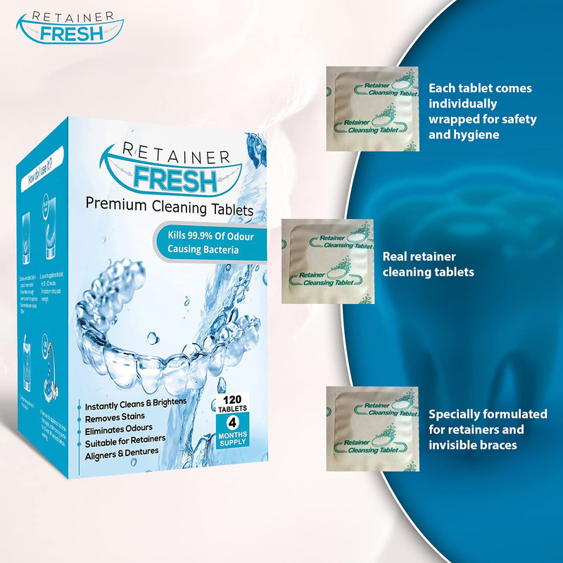 [Australia] - Retainer Cleaning Tablets - 120 Tablets 4 Months Supply Retainer Fresh, Brite, and Stain-Free - Retainer Cleaner Tablet, Invisalign, Mouth Guard, Dentures, Aligners 120 Count (Pack of 1) 