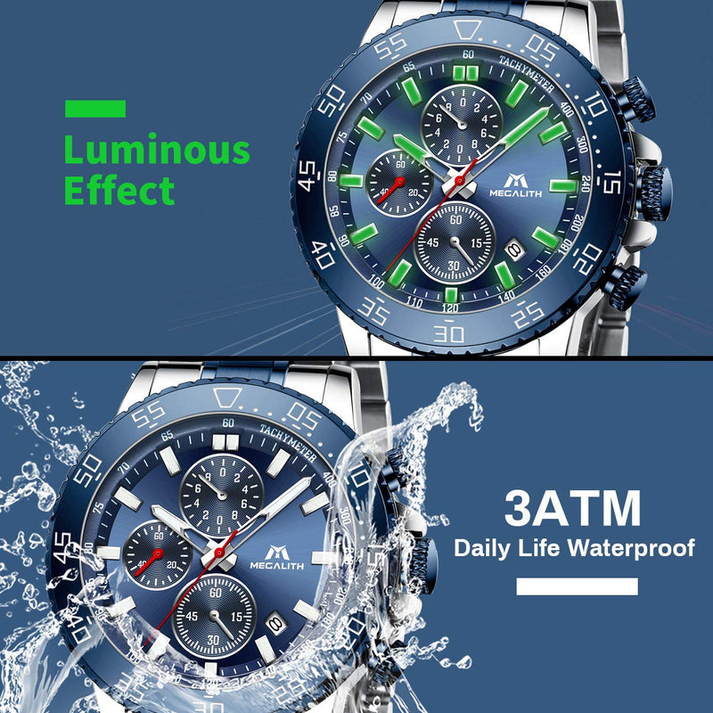 [Australia] - MEGALITH Mens Watches with Stainless Steel Waterproof Analog Quartz Fashion Business Chronograph Watch for Men, Auto Date 1-Blue 