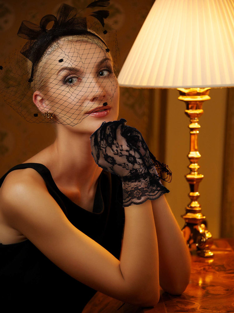 [Australia] - Bowknot Fascinator Hat Feathers Veil Mesh Headband and Short Lace Gloves Floral Lace Gloves Black 