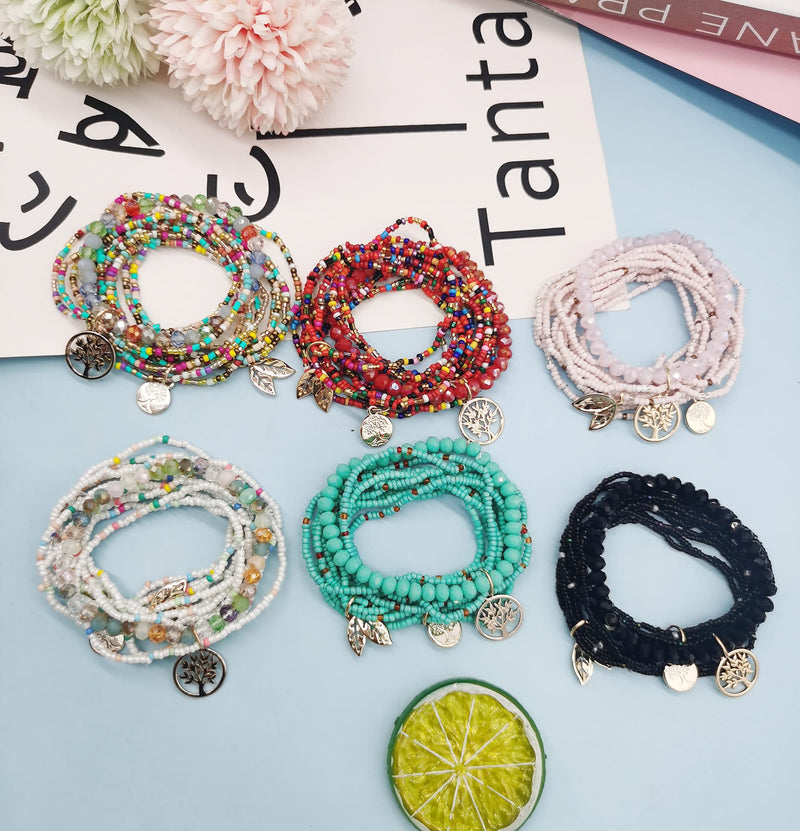 [Australia] - Jewdreamer 9 Pack Bohemian Stackable Beaded Bracelets for Women Boho Multilayer Stretch Bracelet Set Charm Tassel Pendant Acrylic Beaded Tree of Life Stretch Bangles Bulk 