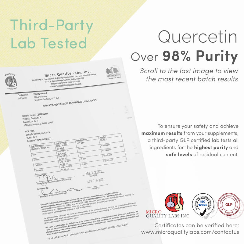 [Australia] - Quercetin 500mg x 120 Capsules - Third Party Tested Over 98.4% Purity - Natural Quercetin Supplement – 60 Grams - Vitality Pro 