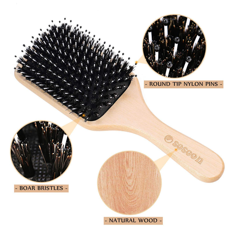 [Australia] - Hair Brush, Sosoon Boar Bristle Paddle Hairbrush for Long Short Thick Thin Curly Straight Wavy Dry Hair for Men Women Kids, No More Tangle, Giftbox & Tail Comb Included Medium (Pack of 1) 