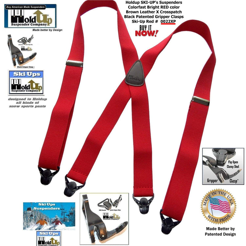 [Australia] - USA Made HoldUp Brand Ski-Ups series bright RED X-back Suspenders with Patented Black Gripper Clasps in 1 1/2" width 