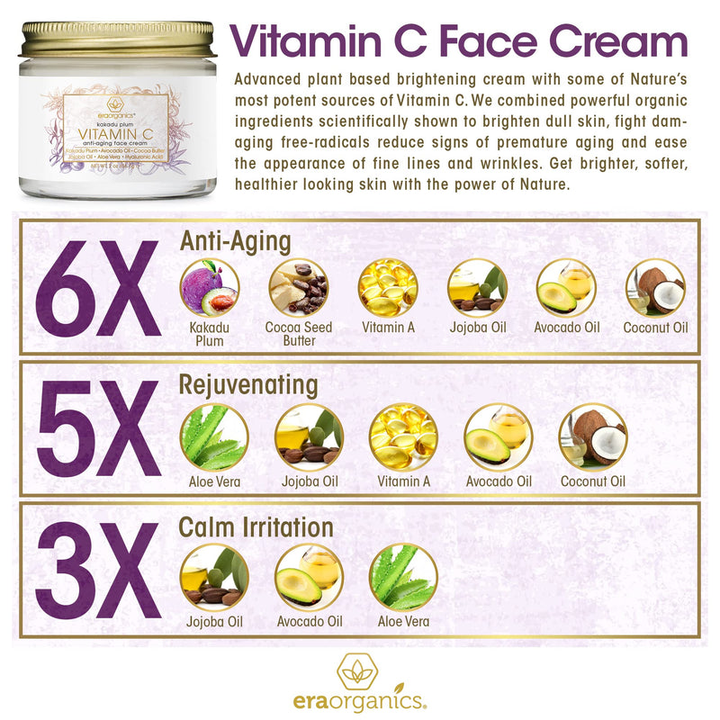 [Australia] - Era Organics Vitamin C Face Cream - Super Revitalizing Hyaluronic Acid Vitamin C Moisturizer For Face & Neck, Face Brightening Cream With Kakadu Plum, Jojoba Oil, Vitamin E For Wrinkles, Fine Lines 