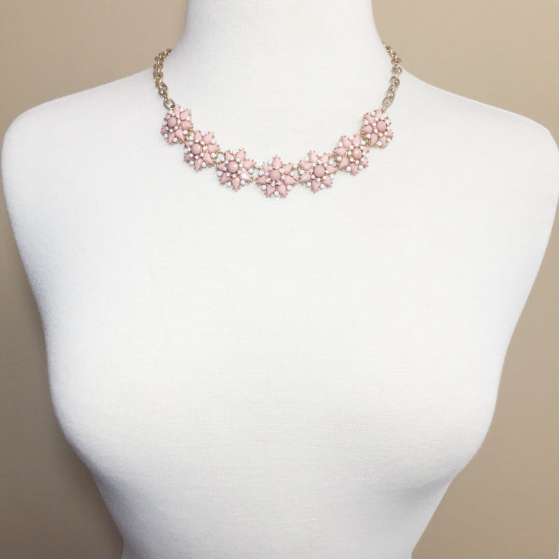 [Australia] - Gypsy Jewels 7 Star Flower Cluster Bubble Gold Tone Boutique Statement Necklace & Earrings Set Light Pink & White 