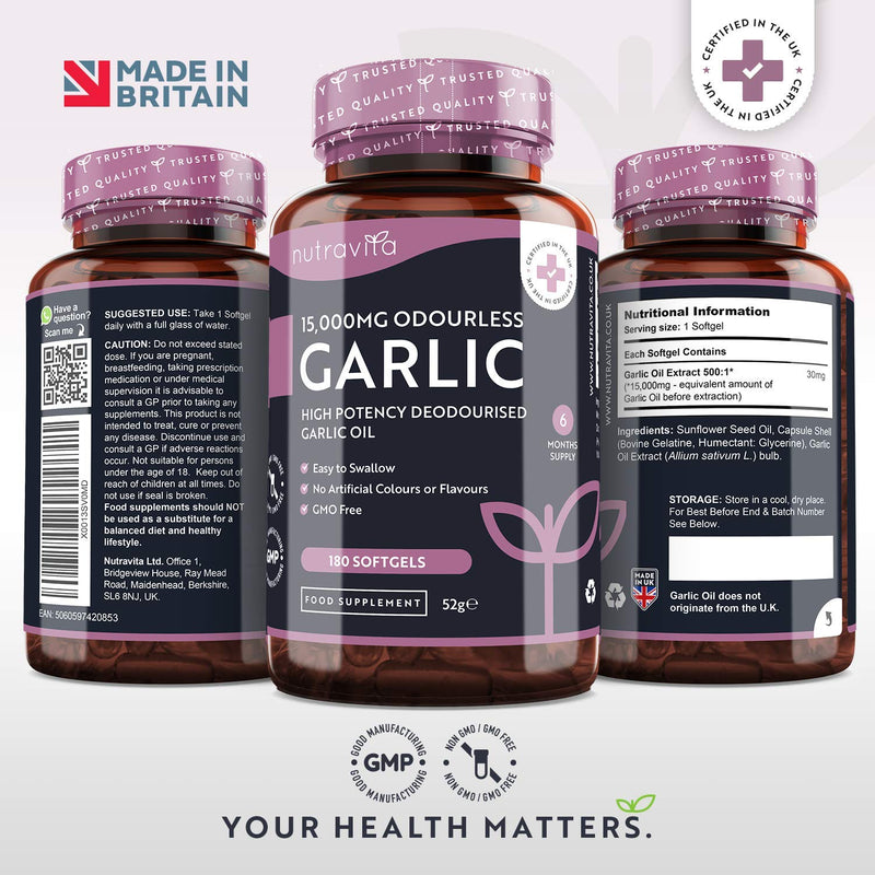 [Australia] - Premium Garlic Capsules - Odourless High Strength 15,000mg - 180 Soft Gel Capsules of Deodourised Cold Pressed Garlic Oil from Allium Sativum – 6 Month Supply - Made in The UK by Nutravita 