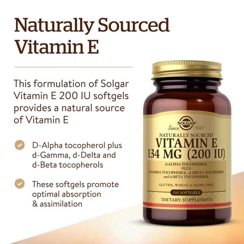 [Australia] - Solgar Vitamin E 200 IU, 100 Softgels - Natural Antioxidant, Skin & Immune System Support - Naturally-Sourced Vitamin E - Gluten Free, Dairy Free - 100 Servings 