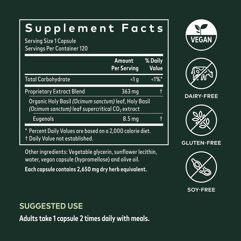 [Australia] - Gaia Herbs Holy Basil Leaf - Helps Sustain a Positive Mindset and Balance in Times of Stress - an Adaptogenic Ayurvedic Herb - 120 Vegan Liquid Phyto-Capsules (60-Day Supply) 120 Count (Pack of 1) Standard Packaging 
