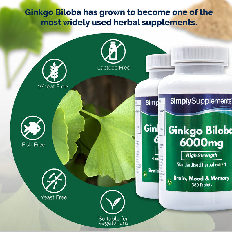 [Australia] - Ginkgo Biloba Tablets 6000mg | Supports Circulation and Mental Performance | Vegan & Vegetarian Friendly | 360 Tablets = Up to 1 Year Supply | Manufactured in The UK 