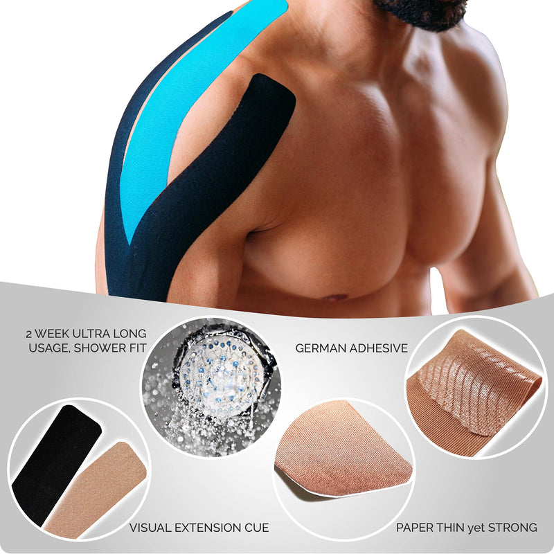 [Australia] - AJUVIA Kinesiology Tape (2 Rolls, 44 Strips Precut, 2" x 10") - Lasts up to 14 Days - Latex Free - Waterproof Athletic Tape - Elastic Sports Tape (Black) Black 