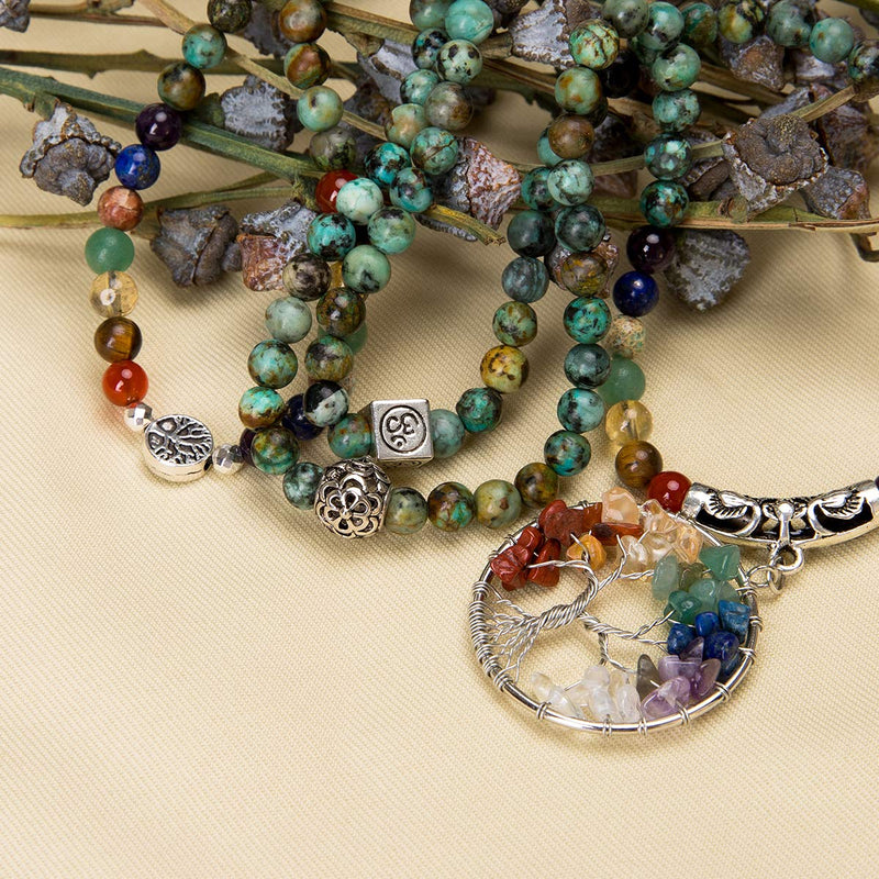 [Australia] - Bivei 108 Mala Beads Bracelet - 7 Chakra Tree of Life Real Healing Gemstone Yoga Meditation Mala Prayer Bead Necklace African Turquoise 