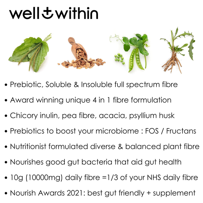 [Australia] - 10,000mg Fibre Supplement Prebiotic Powder - 10 Gram Boost = 1/3 NHS Daily Fibre Intake (200g Bag, 30 x 5g Fiber) Well Within Gut Health 4in1 Soluble + Insoluble Fibre Powder Blend. Men, Women & Kids 