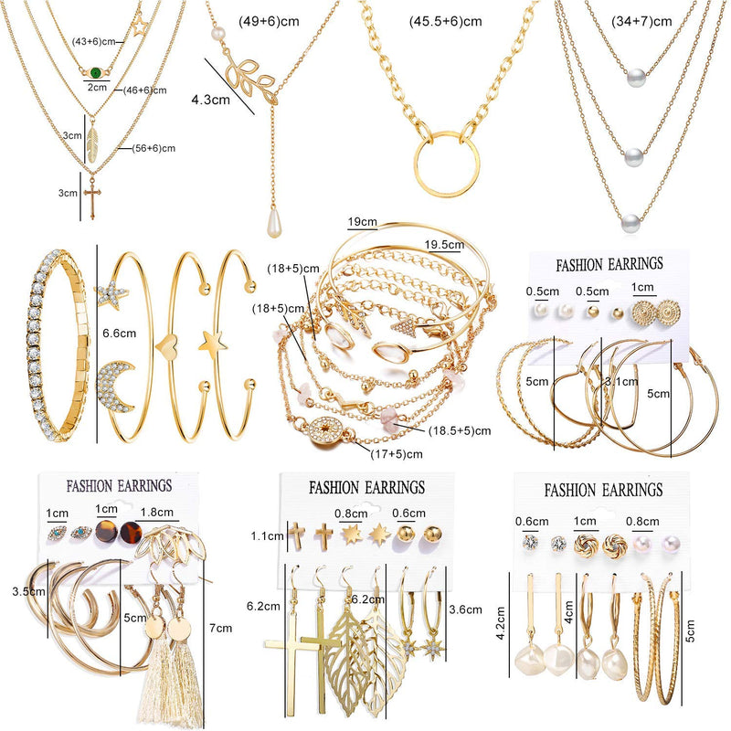 [Australia] - AROIC 38 PCS Gold Jewelry Set with 4 PCS Necklace,10 PCS Bracelet,24 PCS Layered Ball Dangle Hoop Stud Earrings for Women Girls Jewelry Fashion and Valentine Birthday Party Gift color-10 