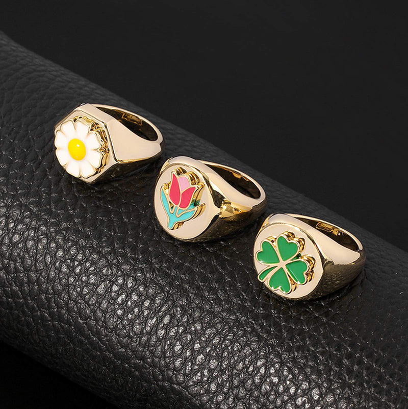 [Australia] - HIIXHC Enamel Flower Ring for Women Chunky Statement Rings 18k Gold Plated Dome Ring Stacking Band for Women Personalized Jewelry green 6 