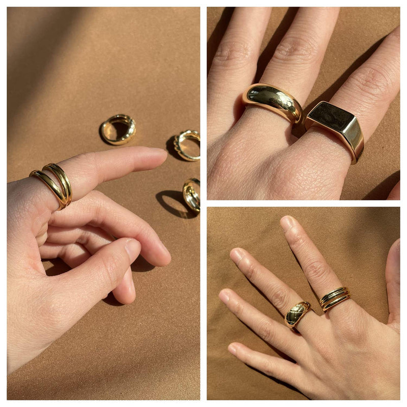 [Australia] - 6PCS 18K Gold Plated Thick Dome Chunky Rings for Women Girls Braided Twisted Signet Chunky Gold Ring Set Minimalist Statement Ring Jewelry Size 5-9 