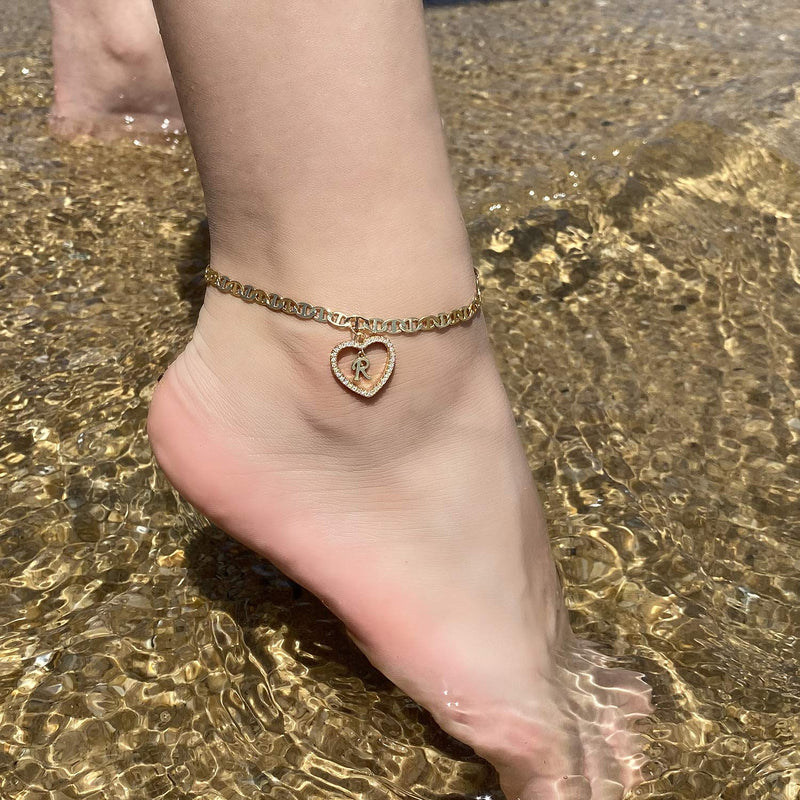 [Australia] - Estendly Initial Anklet 14K Gold Plated Cubic Zirconia Heart Mariner Chain Ankle Bracelets 26 Letters Alphabet Foot Jewelry Gift for Women J 