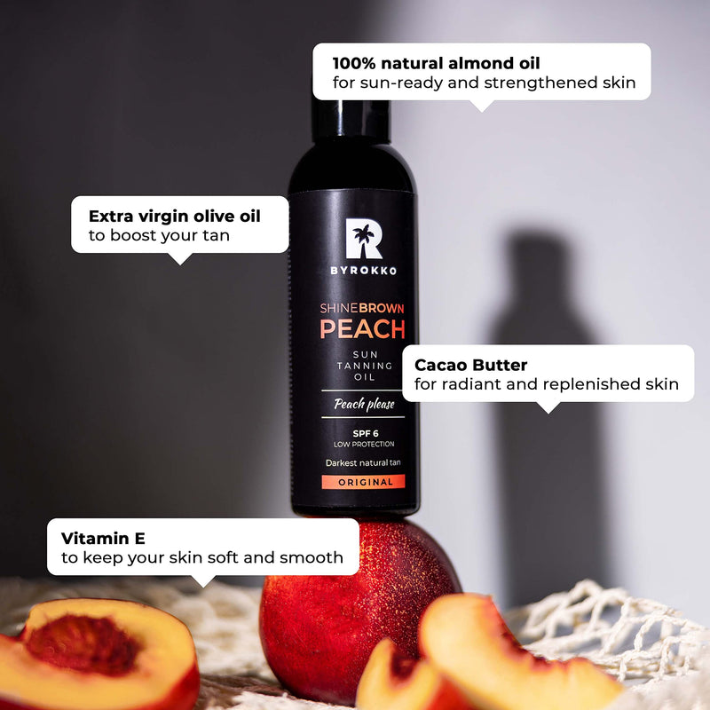 [Australia] - BYROKKO Shine Brown Premium Tanning Accelerator Peach Oil SPF6 (150 ml), Tan Accelerator for Sunbed & Outdoor Sun, Natural Ingredients. Almond Oil, Extra virgin Olive Oil, Vitamin E, Cacao Butter 