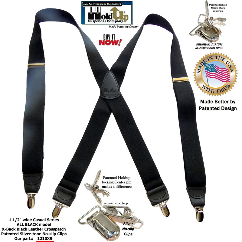 [Australia] - Holdup Suspender Company USA made All Black X-back style Suspenders with silver-tone No-slip Clips 