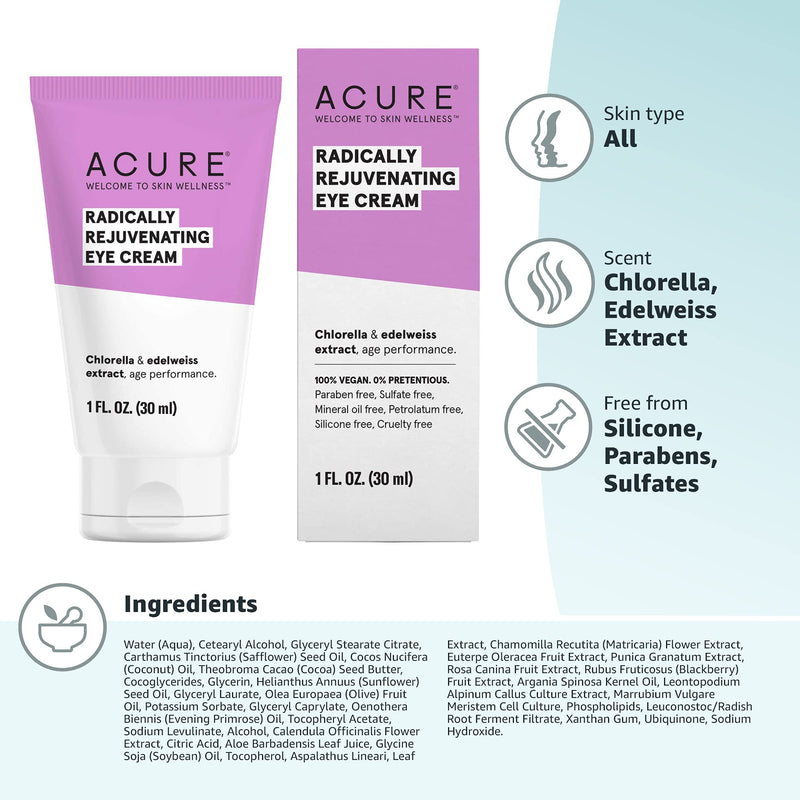 [Australia] - ACURE Radically Rejuvenating Eye Cream | 100% Vegan | Provides Anti-Aging Support | Chlorella & Edelweiss Extract - Hydrates & Minimizes Fine Lines , Ivory 1 Fl Oz 