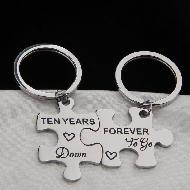 [Australia] - FEELMEM 10th Anniversary Present Ten Years Down Forever To Go Couples Puzzle Keychain Set Of Two 10 Years Anniversary Key Chain Present For Him or Her (silver) 