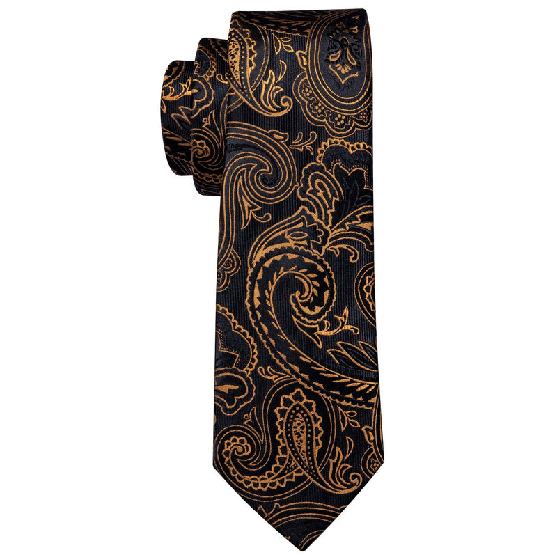 [Australia] - Barry.Wang Paisley Tie Fashion Set Hanky Cufflinks Neckties for Men Woven Silk Ablack and Orange 