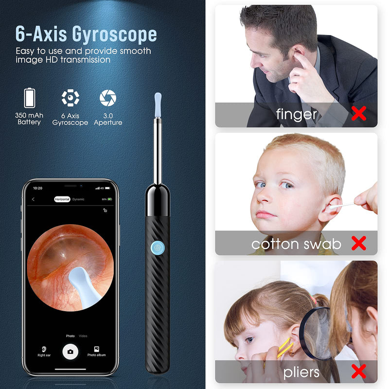 [Australia] - Ear Wax Removal - Earwax Remover Tool with 8 Pcs Ear Set - Ear Cleaner with Camera - Earwax Removal Kit with Light - Ear Camera with 6 Ear Spoon - Ear Cleaner for iOS & Android (Black) Black 