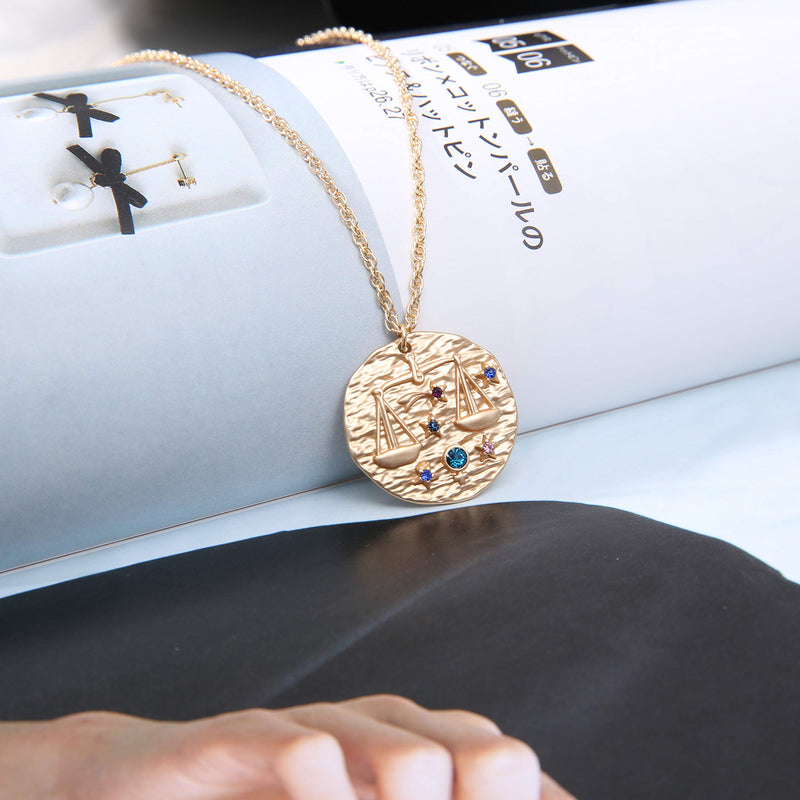 [Australia] - Fashion Fantasy Baroque 12 Constellation Relief Coins Round Brand Guardian Necklace Retro Constellation Gilt Sweater Chain Hot Style Birthday Gift Couple Necklace Libra 