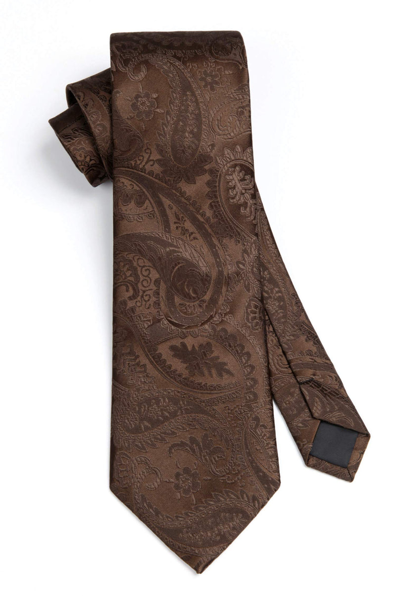 [Australia] - HISDERN Solid Paisley Tie for Men Handkerchief Woven Classic Flower Men's Necktie & Pocket Square Set A-cocoa Brown 8.5cm / 3.4 inches in Width 