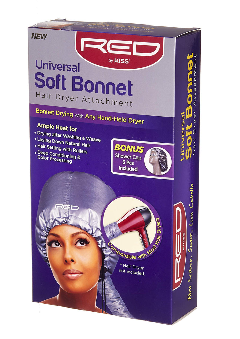 [Australia] - Red by KISS Universal Soft Bonnet Hair Dryer Attachment Works with ANY Hand Held Dryer Bonus 3pcs Shower Cap Included 
