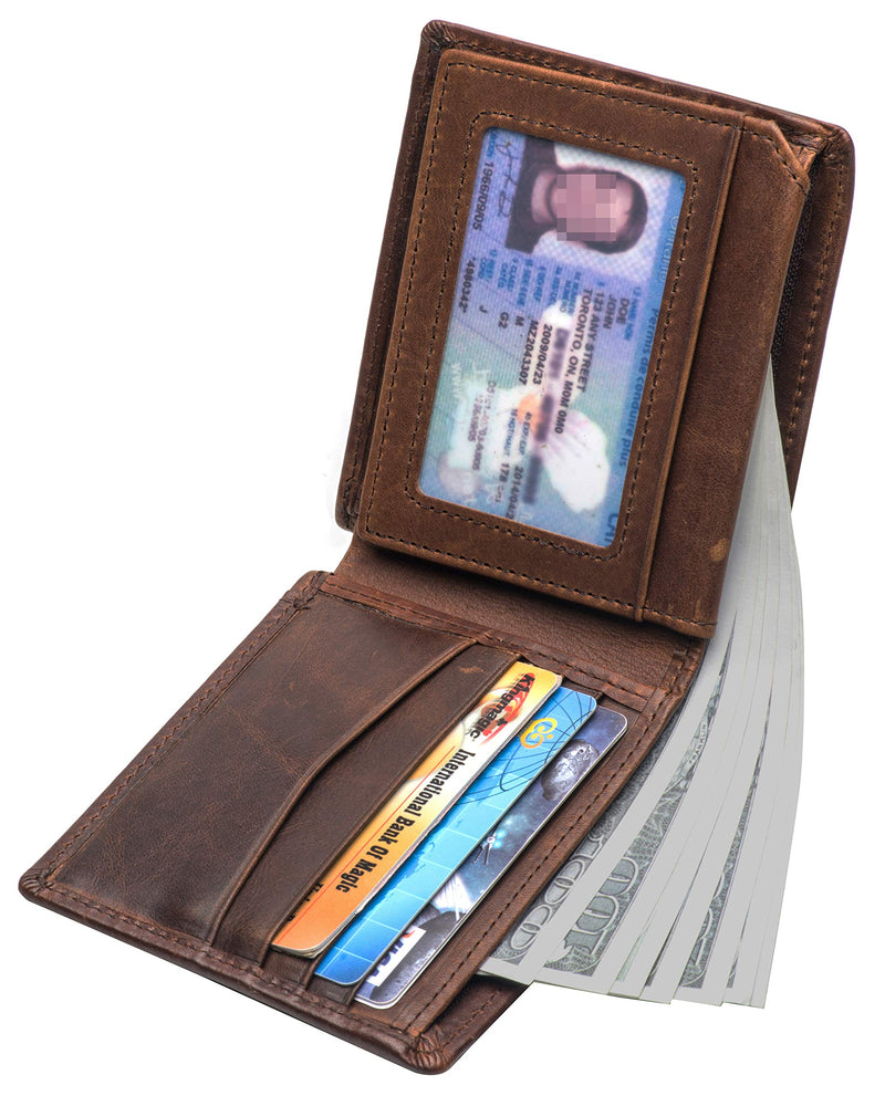 [Australia] - RFID Blocking Genuine Leather Bifold Wallet for Men with Zipper and 2 ID Windows Dark Brown 