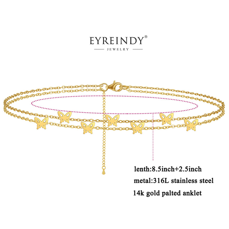 [Australia] - Eyreindy Gold Ankle Bracelets for Women, 2 Layered 14k Gold Plated Starfish, Butterfly, Diamond Anklet for Women, Beach Anklets for Teen Girls Butterfly Anklet 
