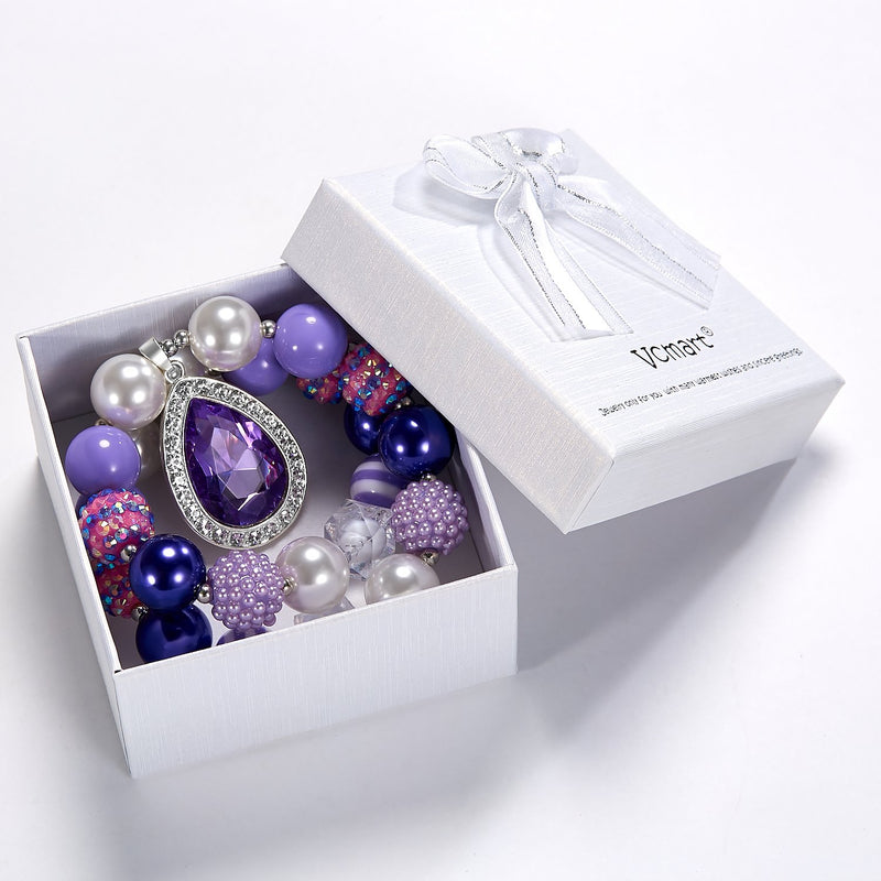[Australia] - vcmart Rainbow Girls Chunky Bubblegum Necklace and Bracelet Set Girls' Birthday Day Gift Set I -purple 