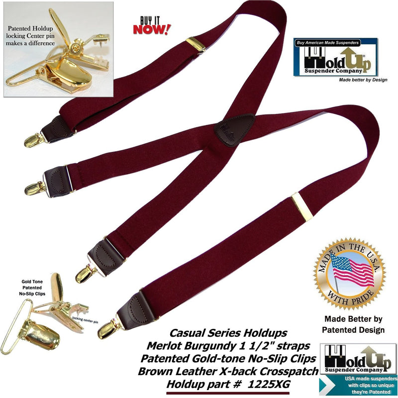 [Australia] - HoldUp Brand Merlot Burgundy X-back Suspenders with patented No-Slip Gold-tone center pin clips 