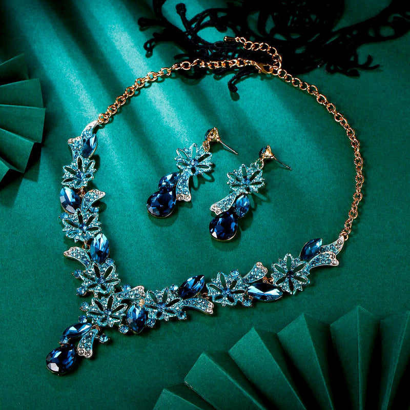 [Australia] - Flyonce Women's Crystal Jewelry Set, Flower Teardrop Necklace Earrings Set for Wedding Bridal Sea Blue Gold-Tone 
