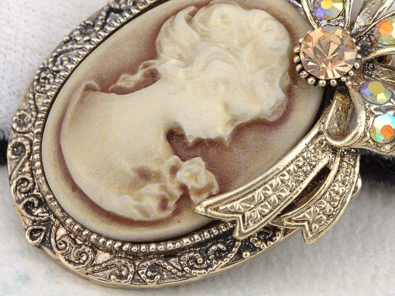 [Australia] - Alilang Vintage Inspired Crystal Rhinestone Victorian Lady Cameo Brooch Pin Maiden Flower Ribbon Bow Pendant Gold 