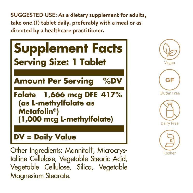 [Australia] - Solgar Folate 1000 mcg, 120 Tablets - 1000 mcg Bio-active Metafolin - Heart Health - Vegan, Gluten Free, Dairy Free, Kosher - 120 Servings 