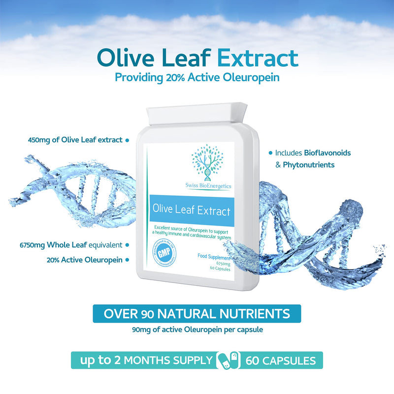 [Australia] - Olive Leaf Extract 6750mg Whole Leaf Equivalent - 60 Capsules - Containing 20% Active Oleuropein - Non GMO - Made in The UK 