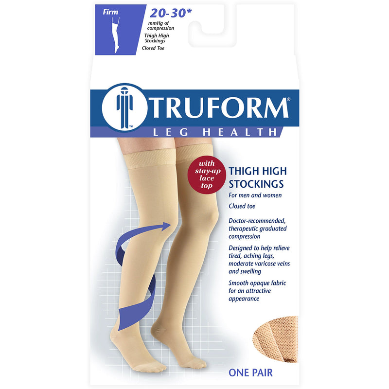 [Australia] - Truform 20-30 mmHg Compression Stockings for Women, Lace Trim Band, Thigh High Length, Closed Toe, Beige, Medium 