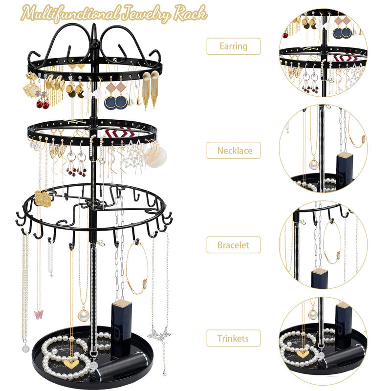 [Australia] - 3 Tiers Rotating Earring Necklace Organizer Holder, TANOKY Exquisite Metal Jewelry Display Tower Stand Necklace Hanger - 23 Hangers for Bracelets, 88 Holes for Earrings, Tray for Rings Black 