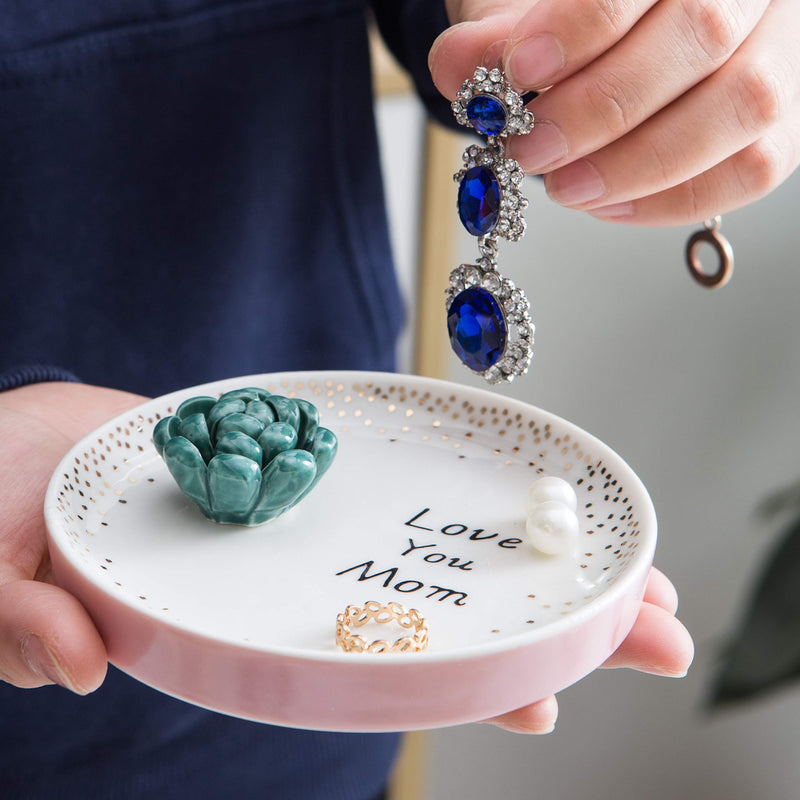 [Australia] - Jojuno Mom Gift Ring Holder Dish Ceramic Succulents Decorative Trinket Plate - 4.5 Inches Diameter Jewelry Dish Tray- Love You Mom Birthday Xmas Gift 