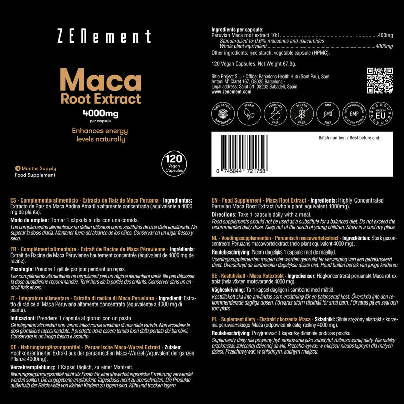 [Australia] - Maca Root Extract 4000mg, Highly Concentrated 10:1, 120 Capsules | Energy, Stamina, Memory, Immunity and hormonal Balance | 100% Natural Ingredients | Zenement 