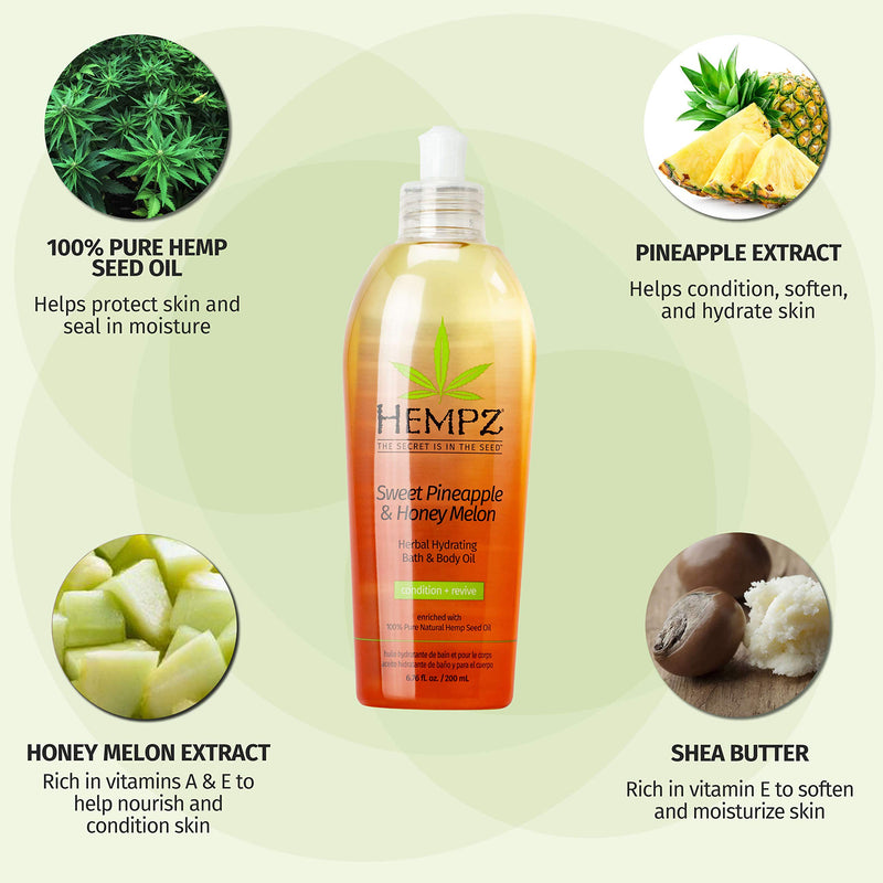 [Australia] - Hempz Hydrating Bath and Body Oil for Women, Sweet Pineapple & Honey Melon - Conditioning Body Moisturizer with Natural Hemp Seed Oil - Premium Body Oils, 6.76 fl. oz 