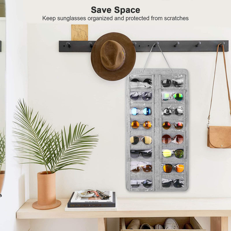 [Australia] - Sunglasses Organizer Storage 16 Slots Dust Proof Wall Mounted Hanging Sunglasses Organizer Holder Eyewear Display Pocket with Metal Hook and Sturdy Rope for Women Men Grey 